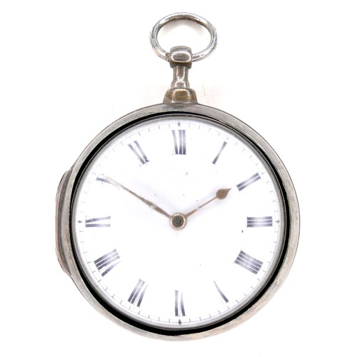 187 - A George III silver pair cased open faced verge fusee pocket watch, the circular white enamel dial w... 