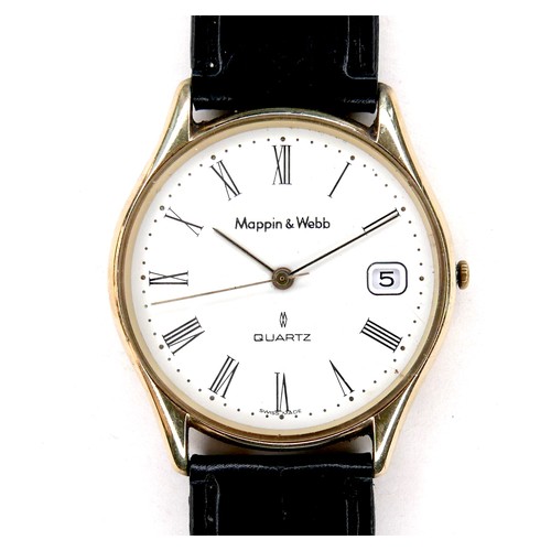 201 - A Mappin & Webb 9ct gold cased gentleman's wristwatch, circular white dial with black Roman numerals... 