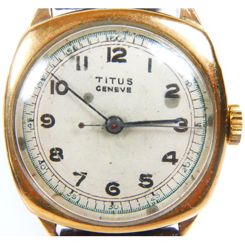 217 - A Titus Geneve 9ct gold cased gentleman's wristwatch, circa 1948 with circular cream dial, black Ara... 