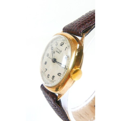 217 - A Titus Geneve 9ct gold cased gentleman's wristwatch, circa 1948 with circular cream dial, black Ara... 