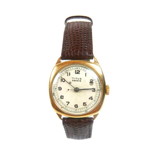 217 - A Titus Geneve 9ct gold cased gentleman's wristwatch, circa 1948 with circular cream dial, black Ara... 