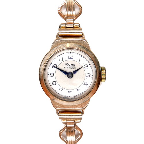 276 - A 9ct gold Rone lady's cocktail wristwatch, with Arabic dial, 12mm dial, case 20mm, on a 9ct gold br... 