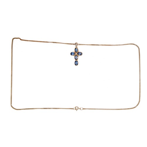 275 - A pale blue sapphire and pearl inlaid cross shaped pendant, set with a single pearl 18mm diameter, a... 