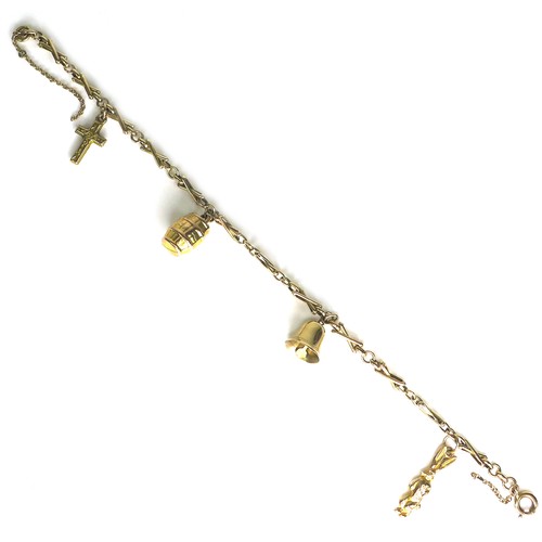 243 - A 9ct gold fancy link charm bracelet, suspended with four 9ct gold charms, all marked, 18.5cm long, ... 