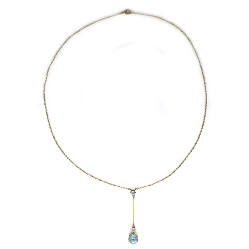 285 - An Edwardian 15ct gold, aquamarine and diamond necklace, the drop pendant set with a round cut aquam... 