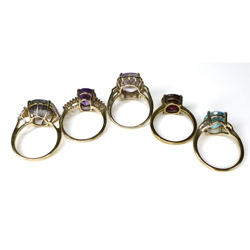 286 - A group of five 9ct gold dress rings, with examples by Gemporia and The Genuine Gemstone Company, al... 