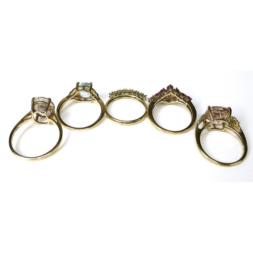 287 - A group of five 9ct gold rings, with examples by Gemporia and The Genuine Gemstone Company, all size... 