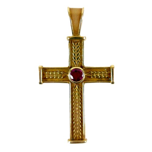 375 - An 18ct gold Theo Fennell cross pendant set with a round cut ruby to the centre, 4.0mm, hallmarked t... 