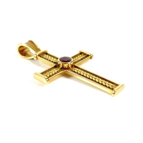 375 - An 18ct gold Theo Fennell cross pendant set with a round cut ruby to the centre, 4.0mm, hallmarked t... 