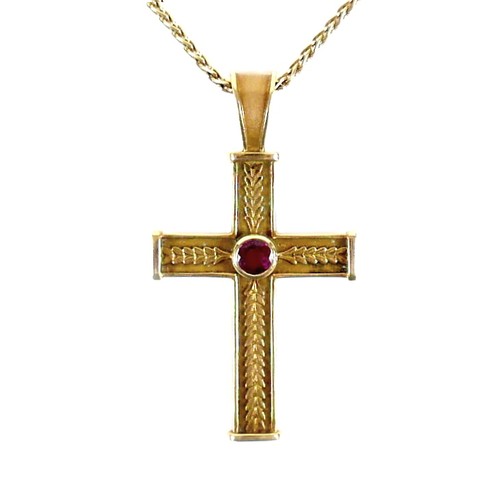 375 - An 18ct gold Theo Fennell cross pendant set with a round cut ruby to the centre, 4.0mm, hallmarked t... 