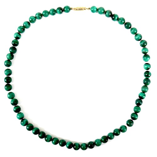 239 - A malachite bead necklace, each spherical bead 8mm, 48cm long, 60.0g.