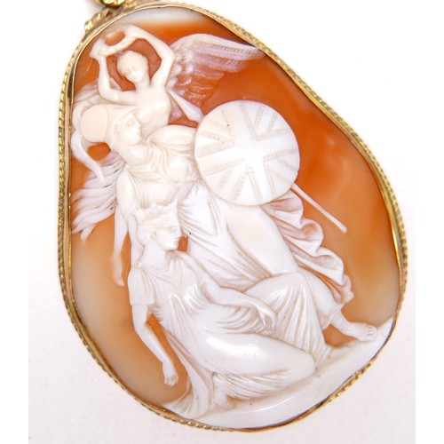 294 - A Victorian gold pear shaped cameo brooch, carved with Britannia being crowned by an angel, in a con... 