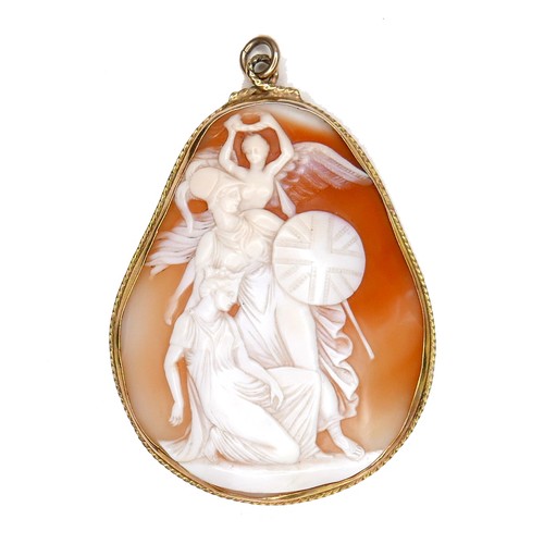 294 - A Victorian gold pear shaped cameo brooch, carved with Britannia being crowned by an angel, in a con... 