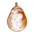 A Victorian gold pear shaped cameo brooch, carved with Britannia being crowned by an angel, in a con... 