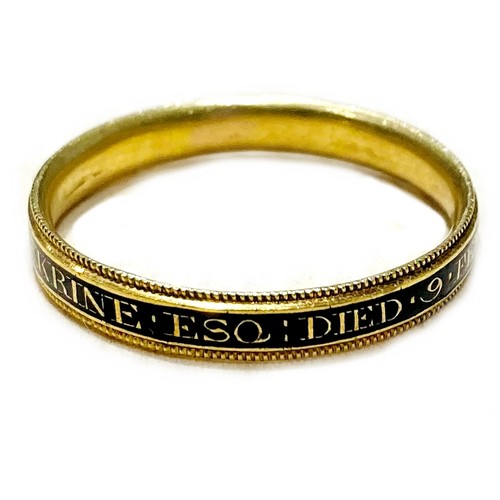 382 - A George III gold gentleman’s memento mori ring, inscribed to the black enamel band ‘R. Dickson Skin... 