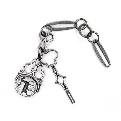 235 - A Georgian steel part fob chain, with hinged key, and cast swivel fob set with a double sided intagl... 