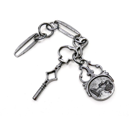 235 - A Georgian steel part fob chain, with hinged key, and cast swivel fob set with a double sided intagl... 