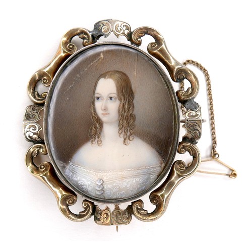 237 - A Victorian gold framed portrait miniature brooch, depicting a lady in white lace, silk backed, 5.3 ... 