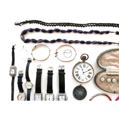 264 - A group of costume jewellery, including a string of pink hard stone beads, amethyst bead necklaces, ... 