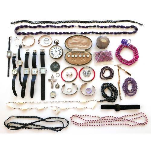 264 - A group of costume jewellery, including a string of pink hard stone beads, amethyst bead necklaces, ... 