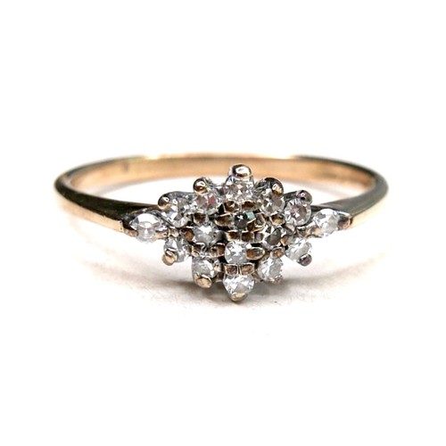 259 - A 9ct gold and diamond cluster ring, set with sixteen brilliant cut diamonds, each 1.4mm, in a lozen... 