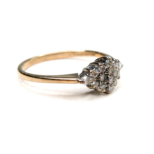 259 - A 9ct gold and diamond cluster ring, set with sixteen brilliant cut diamonds, each 1.4mm, in a lozen... 