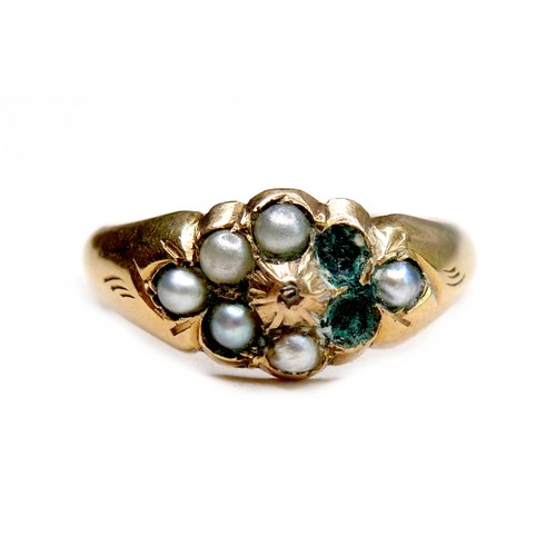 251 - A gold ring set with six (missing two) seed pearls, marks rubbed, size L, 2.0g.