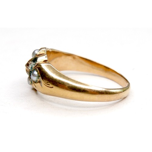 251 - A gold ring set with six (missing two) seed pearls, marks rubbed, size L, 2.0g.