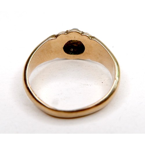 251 - A gold ring set with six (missing two) seed pearls, marks rubbed, size L, 2.0g.