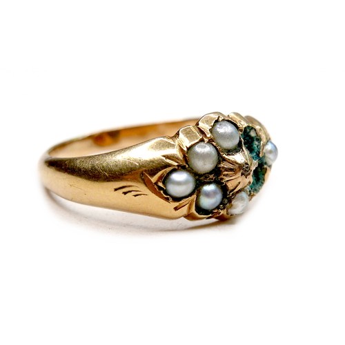 251 - A gold ring set with six (missing two) seed pearls, marks rubbed, size L, 2.0g.