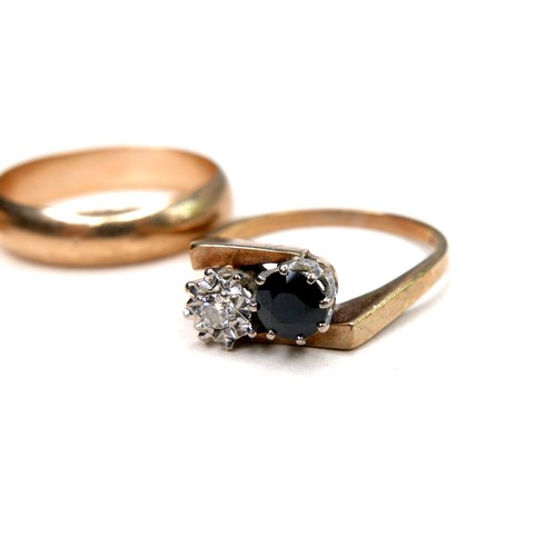 273 - Three 9ct gold rings, comprising a diamond and sapphire crossover ring, round cut sapphire, 4.5mm di... 