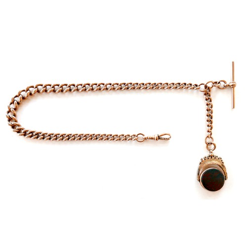 379 - A Victorian 9ct rose gold Albert fob chain, with graduating kerb links, T-bar, clasp to one end and ... 