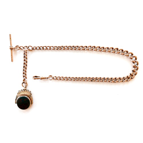 379 - A Victorian 9ct rose gold Albert fob chain, with graduating kerb links, T-bar, clasp to one end and ... 