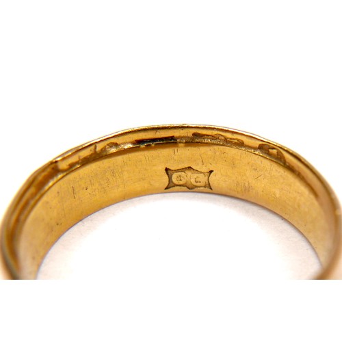 241 - A gold wedding band ring, formed from two separate thinner rings joined together, marks partially co... 