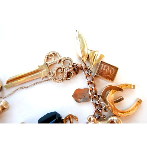 390 - A 9ct rose gold charm bracelet, kerb link with heart padlock clasp, fitted with twenty-one mostly 9c... 