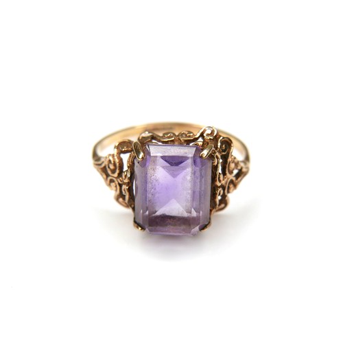 267 - Two 9ct gold rings, comprising a rectangular cut amethyst stone ring, stone 10 by 7.9mm, size L, a c... 