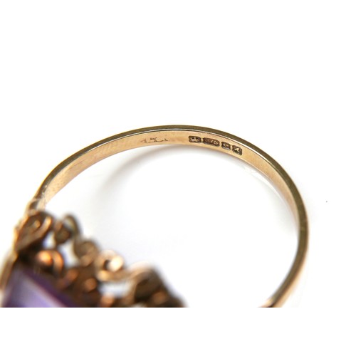 267 - Two 9ct gold rings, comprising a rectangular cut amethyst stone ring, stone 10 by 7.9mm, size L, a c... 