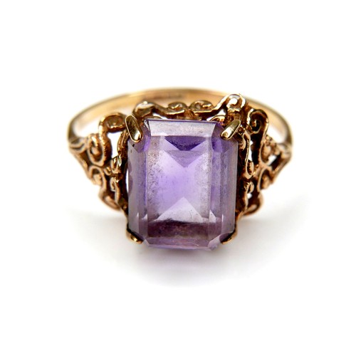 267 - Two 9ct gold rings, comprising a rectangular cut amethyst stone ring, stone 10 by 7.9mm, size L, a c... 