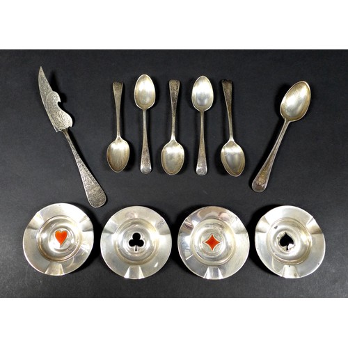 1 - A small group of silver items, comprising four dishes with whist suits, 7.2cm, six teaspoons, and a ... 