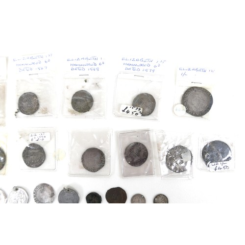 158 - A collection of UK hammered coins, 16th and 17th century, including Elizabeth I silver 3d and 6d coi... 