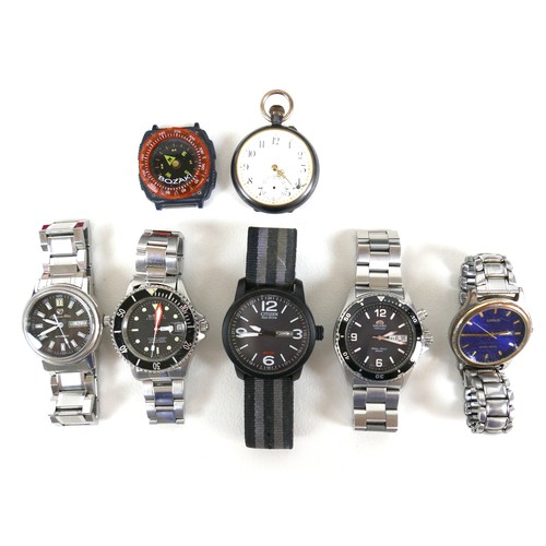 198 - A collection of five modern wristwatches, a plastic Bozaki compass 'watch', and a small steel cased ... 