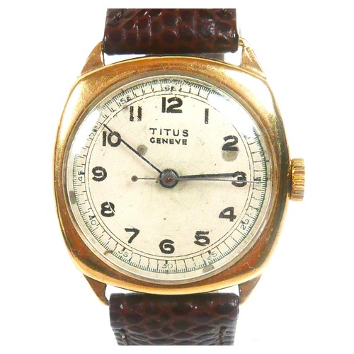 217 - A Titus Geneve 9ct gold cased gentleman's wristwatch, circa 1948 with circular cream dial, black Ara... 