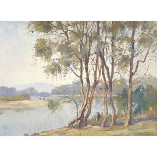 123 - Owen Bond (British, 20th century): river scene, signed lower right, oil on board, 29 by 39cm, framed... 