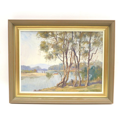 123 - Owen Bond (British, 20th century): river scene, signed lower right, oil on board, 29 by 39cm, framed... 