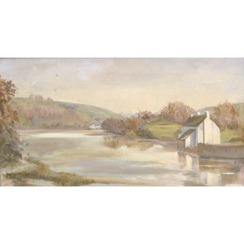 123 - Owen Bond (British, 20th century): river scene, signed lower right, oil on board, 29 by 39cm, framed... 