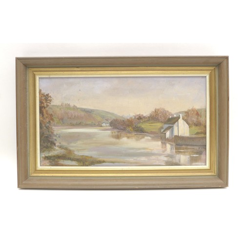 123 - Owen Bond (British, 20th century): river scene, signed lower right, oil on board, 29 by 39cm, framed... 