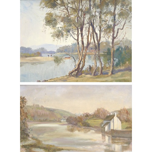 123 - Owen Bond (British, 20th century): river scene, signed lower right, oil on board, 29 by 39cm, framed... 