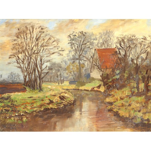 121 - Norman Douglas Hughes (British, late 20th century): 'Burwell Lode' Cambridgeshire landscape, oil on ... 