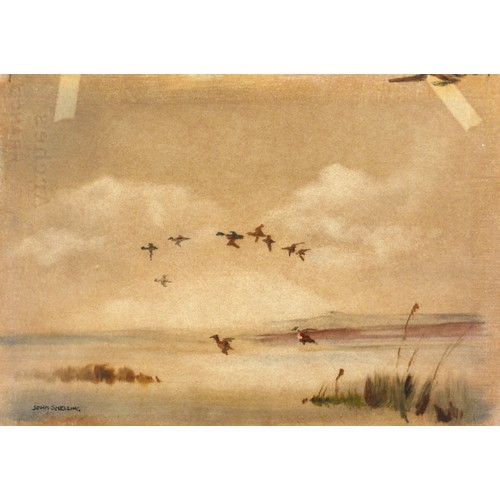 125 - John Snelling FRSA (British, b. 1914): 'Mallards in Flight', signed lower left, watercolour, 21.5 by... 