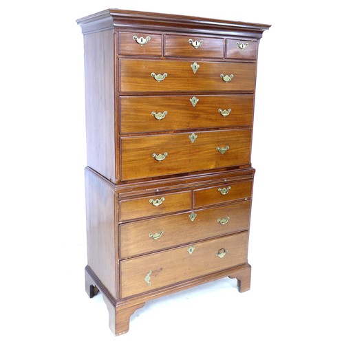 208 - A Chippendale style George II mahogany tall boy, top section has three short over three long drawers... 